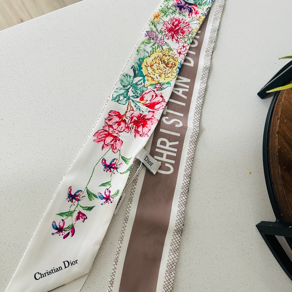 Dior Floral Silk Scarf with Pink and Green Accents